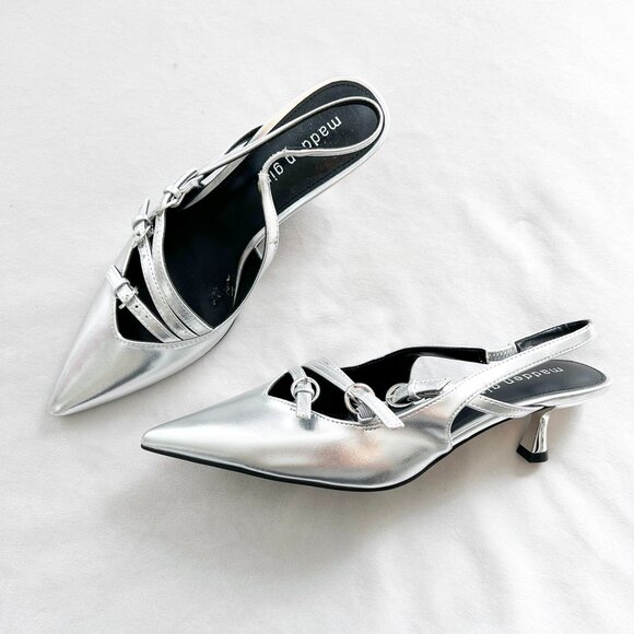 Madden Girl Silver Strappy Buckle Pointy Kitten Heels - Picture 1 of 5